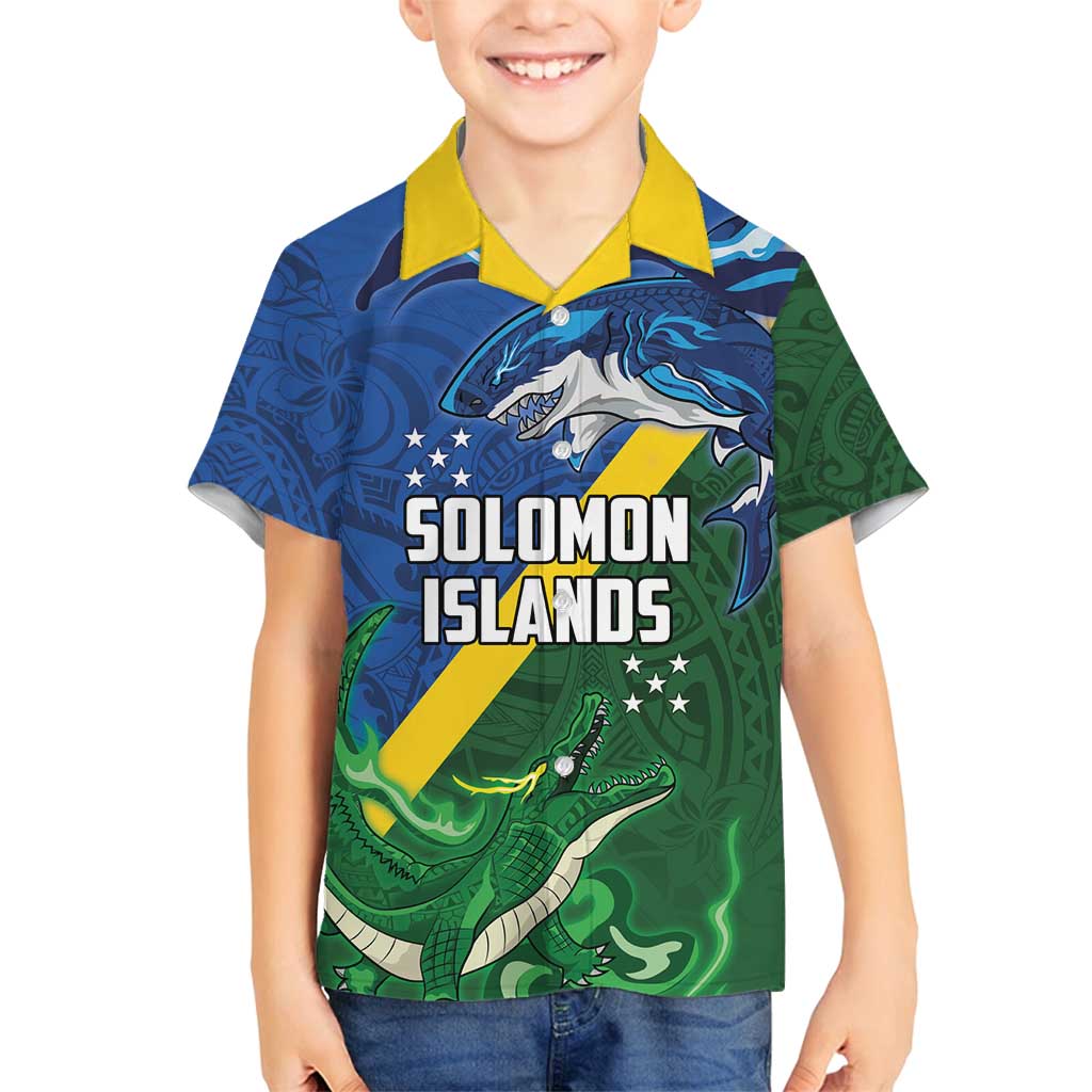Solomon Islands Polynesian Tribal Shark and Crocodile Family Matching Long Sleeve Bodycon Dress and Hawaiian Shirt LT03 Son's Shirt Blue - Polynesian Pride