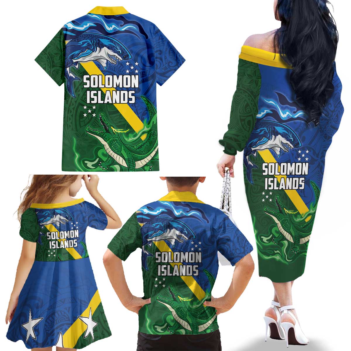 Solomon Islands Polynesian Tribal Shark and Crocodile Family Matching Off The Shoulder Long Sleeve Dress and Hawaiian Shirt LT03 - Polynesian Pride