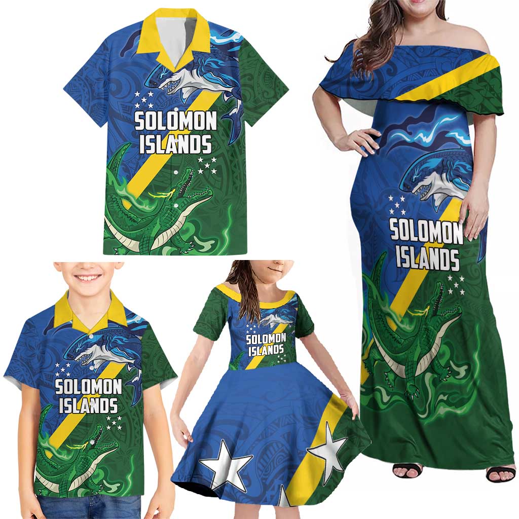 Solomon Islands Polynesian Tribal Shark and Crocodile Family Matching Off Shoulder Maxi Dress and Hawaiian Shirt LT03 - Polynesian Pride