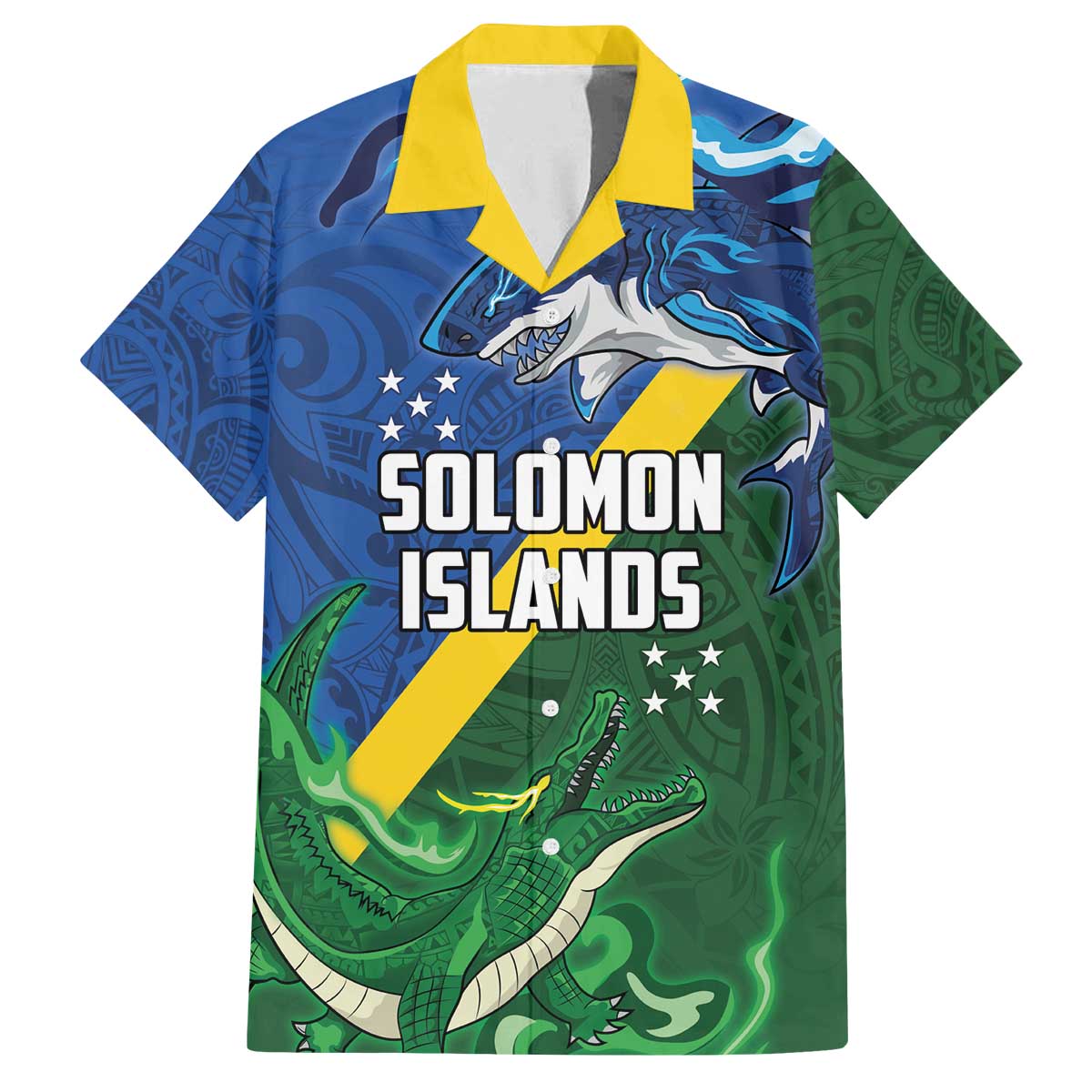 Solomon Islands Polynesian Tribal Shark and Crocodile Family Matching Off Shoulder Short Dress and Hawaiian Shirt LT03 Dad's Shirt - Short Sleeve Blue - Polynesian Pride