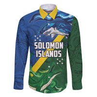 Solomon Islands Polynesian Tribal Shark and Crocodile Family Matching Off Shoulder Short Dress and Hawaiian Shirt LT03 Dad's Shirt - Long Sleeve Blue - Polynesian Pride