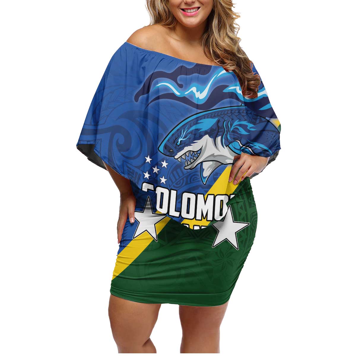 Solomon Islands Polynesian Tribal Shark and Crocodile Family Matching Off Shoulder Short Dress and Hawaiian Shirt LT03 Mom's Dress Blue - Polynesian Pride