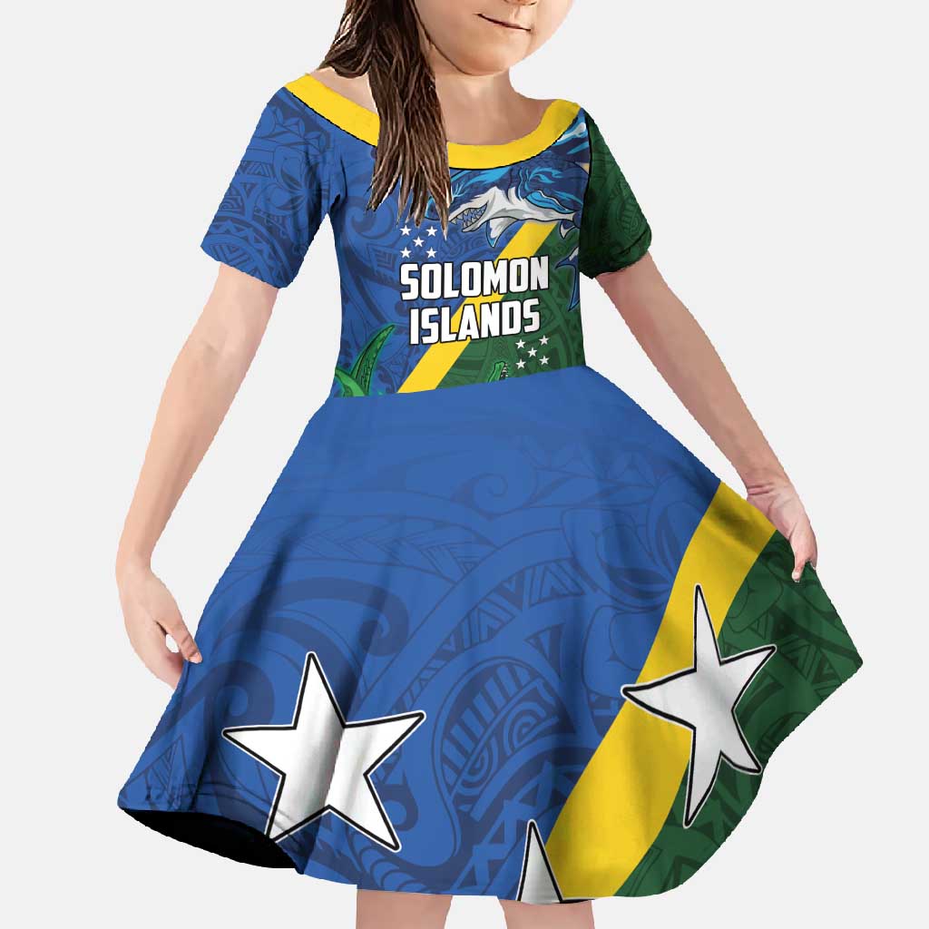 Solomon Islands Polynesian Tribal Shark and Crocodile Family Matching Short Sleeve Bodycon Dress and Hawaiian Shirt LT03 Daughter's Dress Blue - Polynesian Pride