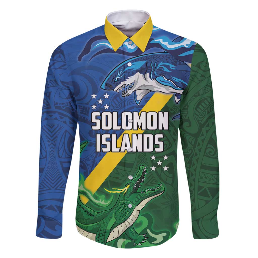 Solomon Islands Polynesian Tribal Shark and Crocodile Family Matching Short Sleeve Bodycon Dress and Hawaiian Shirt LT03 Dad's Shirt - Long Sleeve Blue - Polynesian Pride