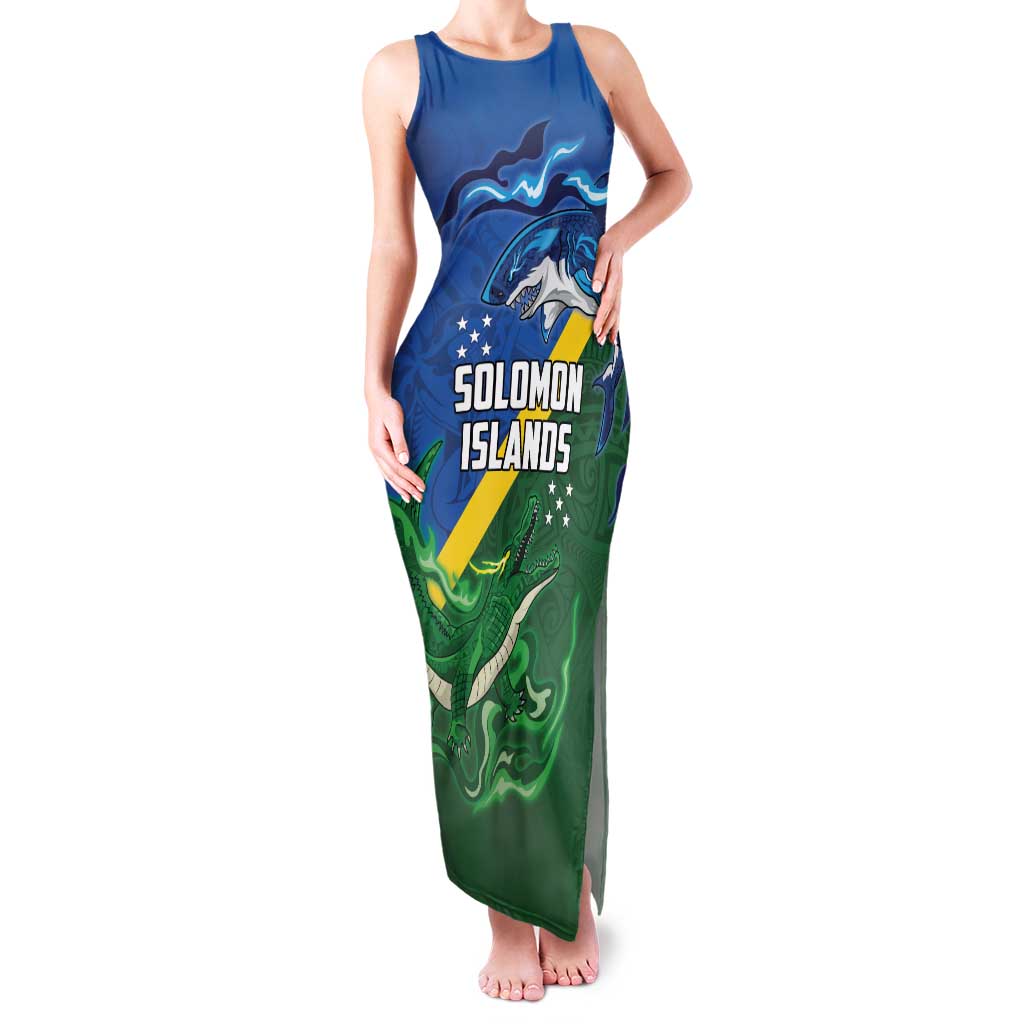 Solomon Islands Polynesian Tribal Shark and Crocodile Family Matching Tank Maxi Dress and Hawaiian Shirt LT03 Mom's Dress Blue - Polynesian Pride