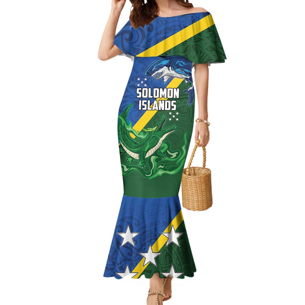 Solomon Islands Polynesian Tribal Shark and Crocodile Mermaid Dress LT03 Women Blue - Polynesian Pride