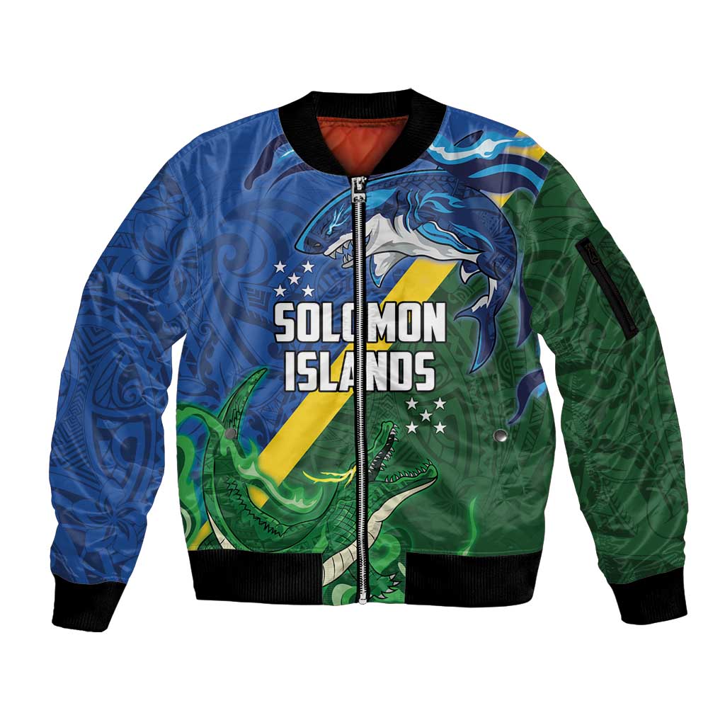 Solomon Islands Polynesian Tribal Shark and Crocodile Sleeve Zip Bomber Jacket LT03 Unisex Blue - Polynesian Pride