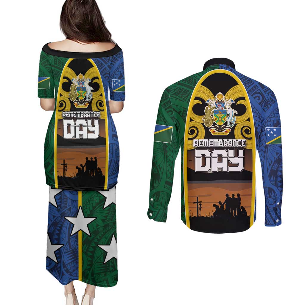 Solomon Islands Remembrance Day Couples Matching Puletasi and Long Sleeve Button Shirt Lest We Forget and Polynesian Tattoo Pattern