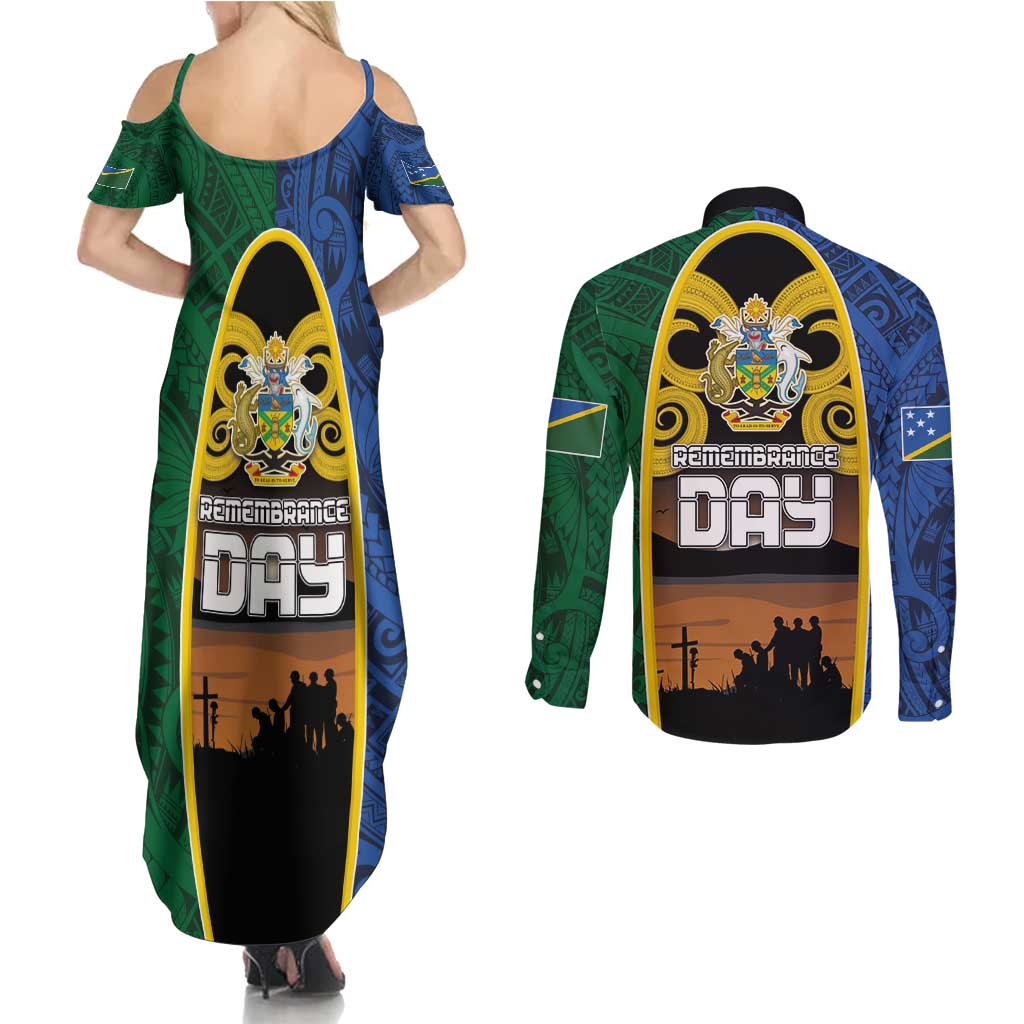 Solomon Islands Remembrance Day Couples Matching Summer Maxi Dress and Long Sleeve Button Shirt Lest We Forget and Polynesian Tattoo Pattern