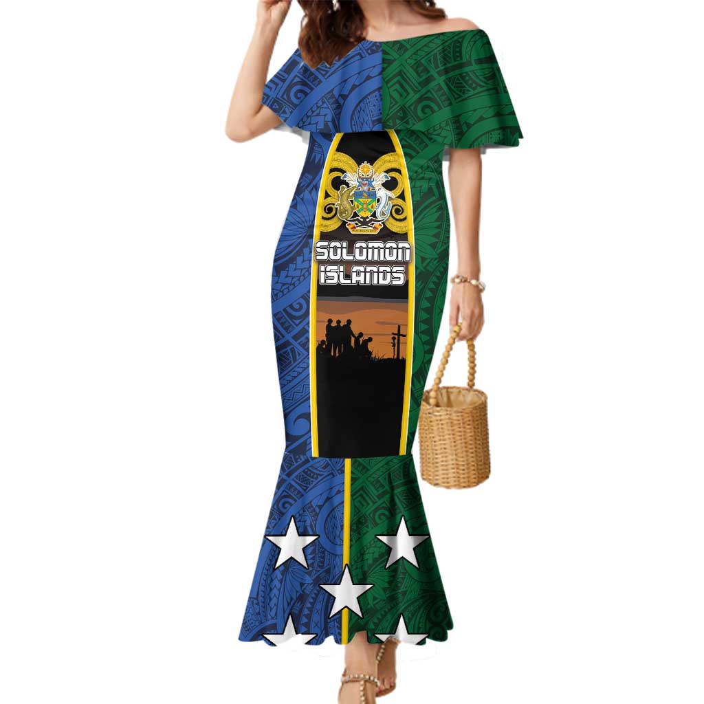 Solomon Islands Remembrance Day Family Matching Mermaid Dress and Hawaiian Shirt Lest We Forget and Polynesian Tattoo Pattern