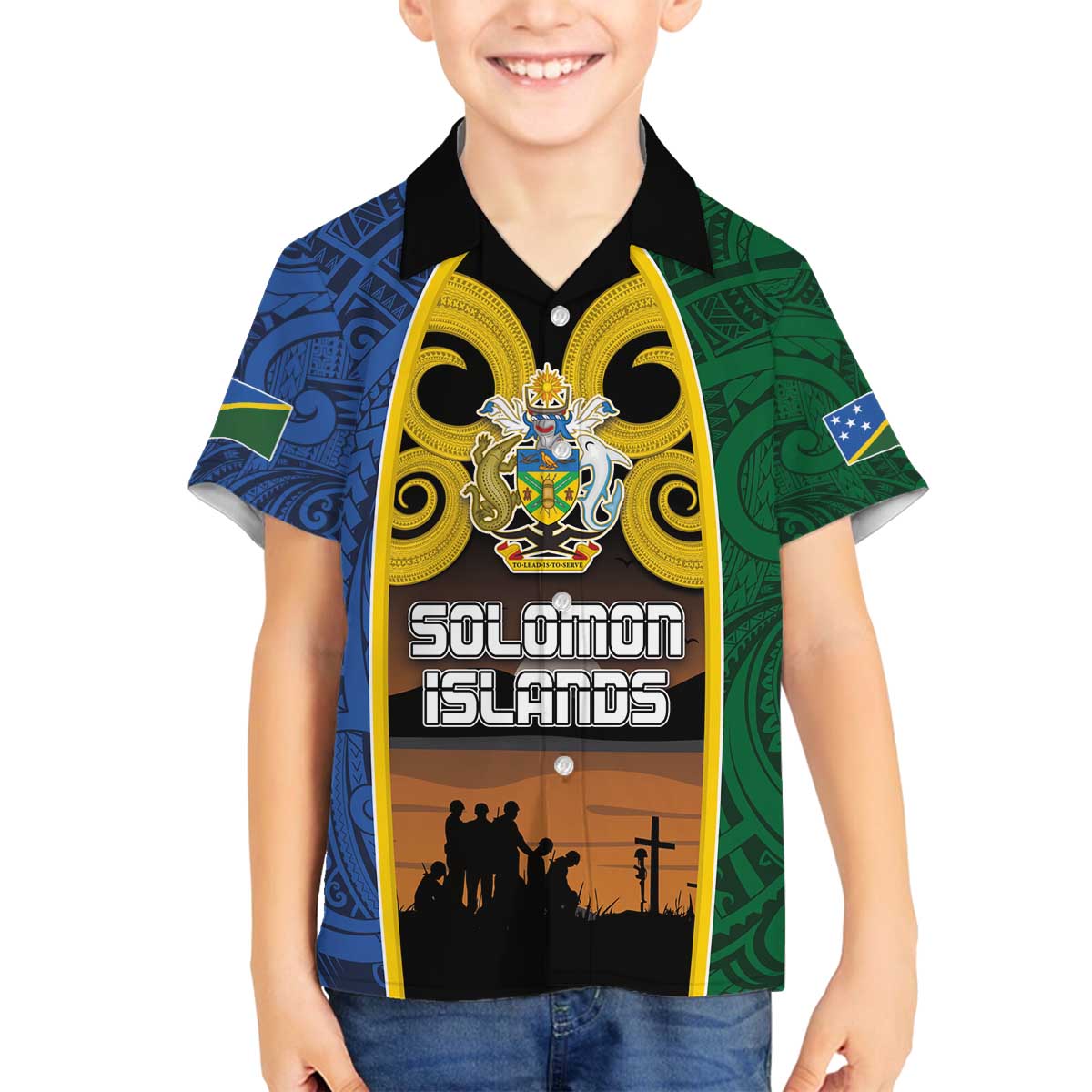 Solomon Islands Remembrance Day Family Matching Off The Shoulder Long Sleeve Dress and Hawaiian Shirt Lest We Forget and Polynesian Tattoo Pattern