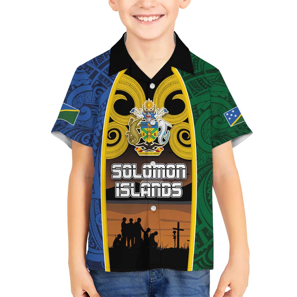 Solomon Islands Remembrance Day Family Matching Off Shoulder Maxi Dress and Hawaiian Shirt Lest We Forget and Polynesian Tattoo Pattern