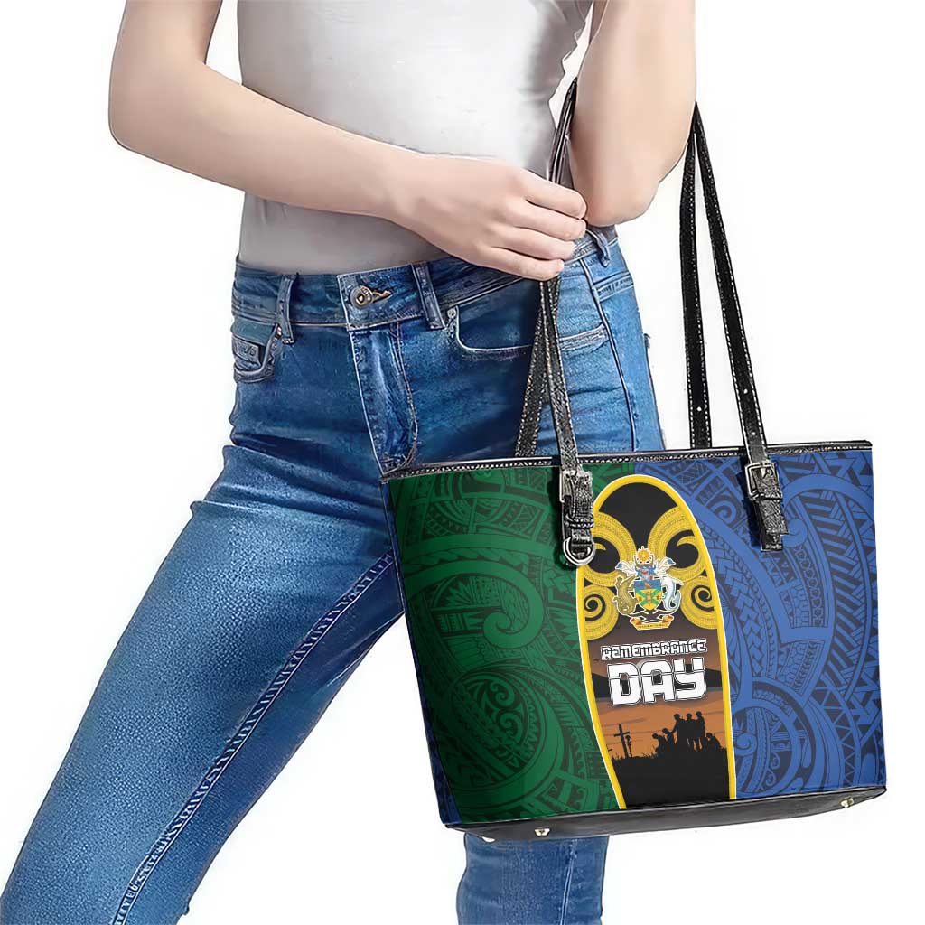 Solomon Islands Remembrance Day Leather Tote Bag Lest We Forget and Polynesian Tattoo Pattern