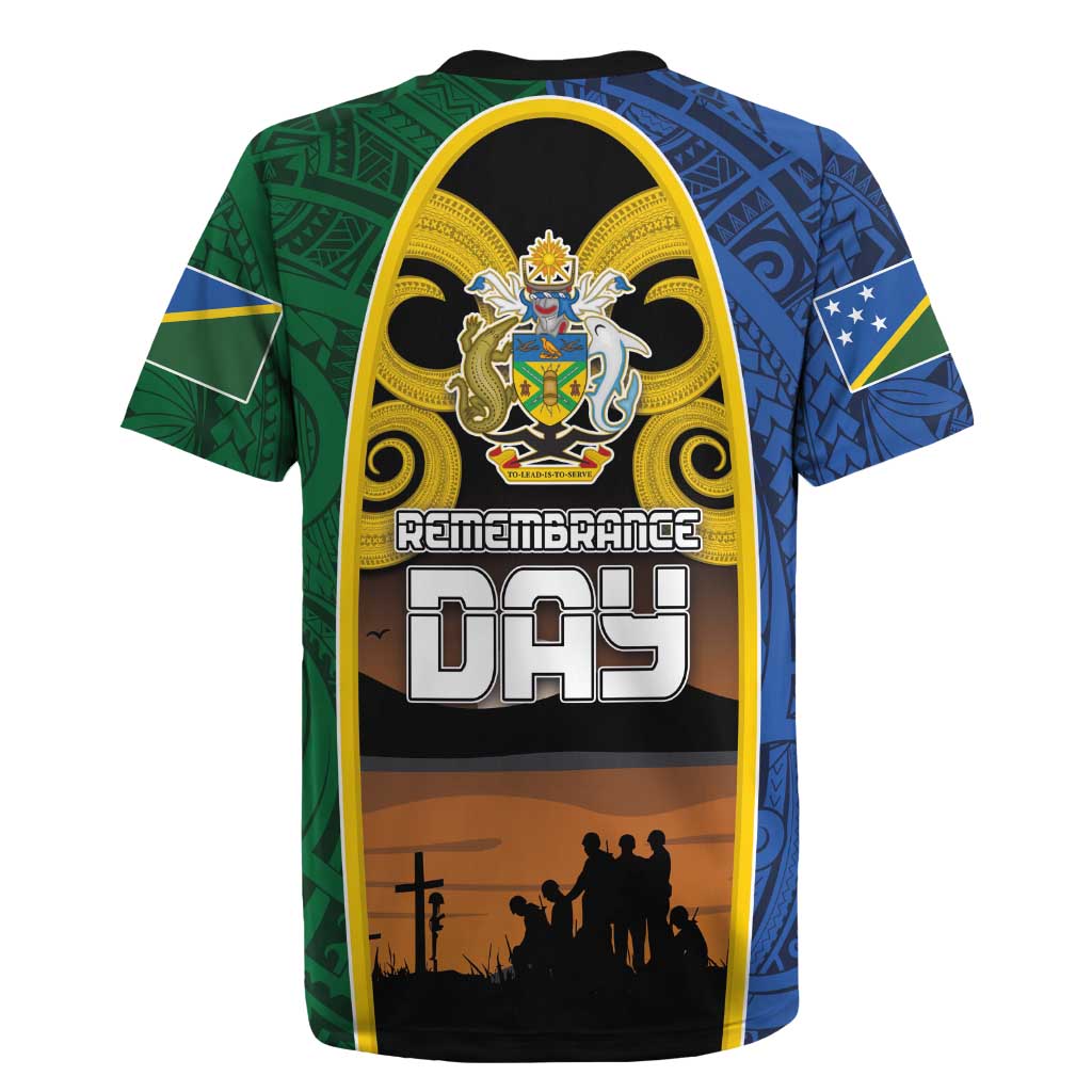 Solomon Islands Remembrance Day Rugby Jersey Lest We Forget and Polynesian Tattoo Pattern