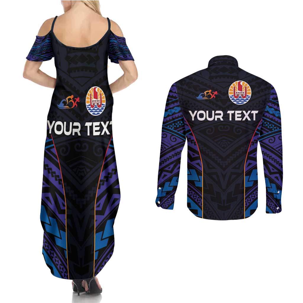 Personalised Tahiti Triathlon Polynesian Pattern Couples Matching Summer Maxi Dress and Long Sleeve Button Shirt