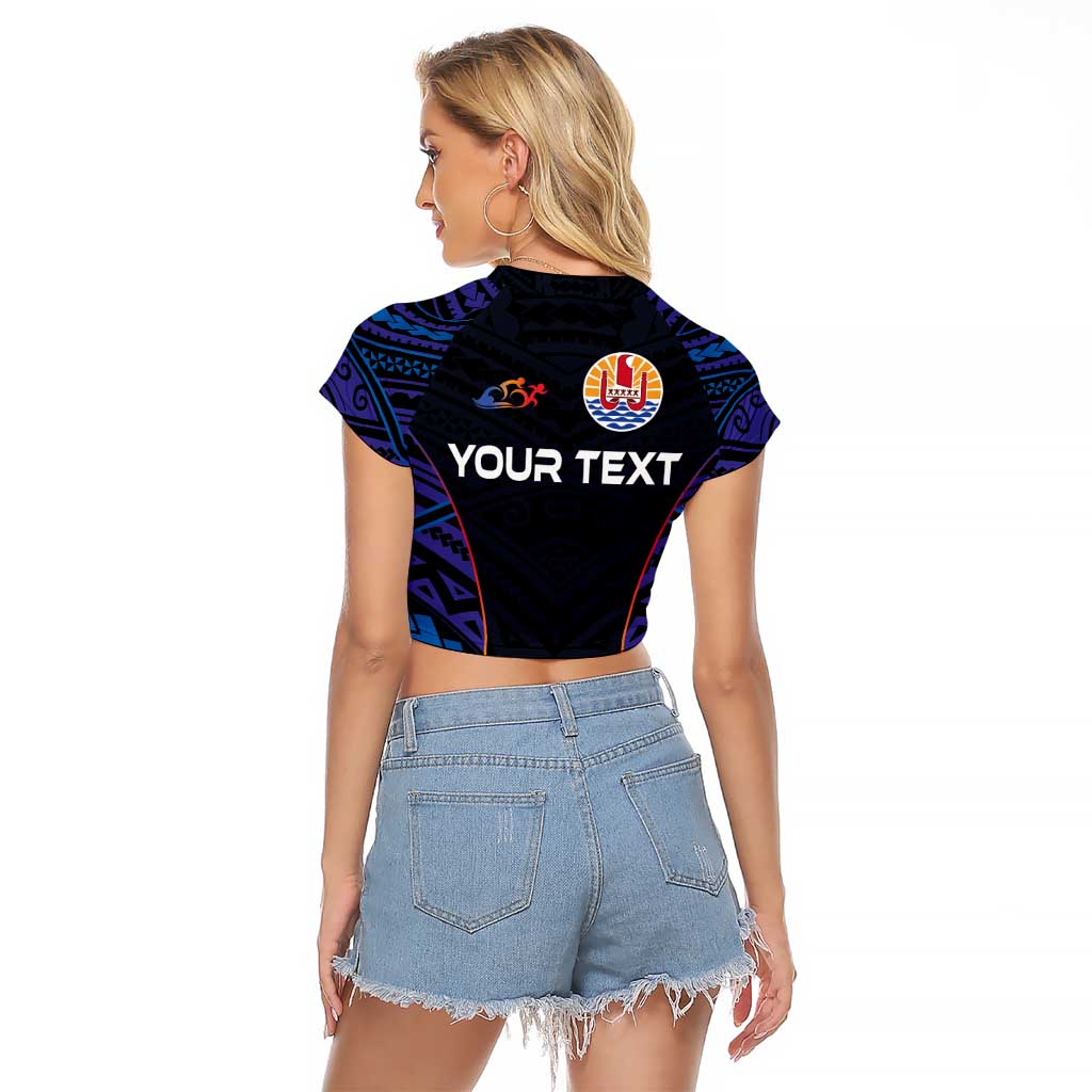 Personalised Tahiti Triathlon Polynesian Pattern Raglan Cropped T Shirt
