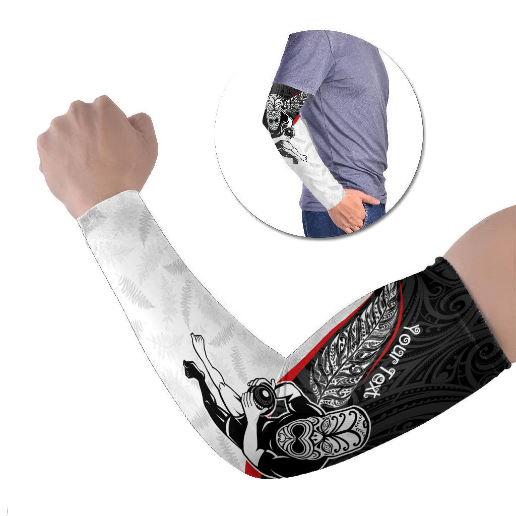 Personalised Aotearoa Lawn Bowls Arm Sleeves Maori Warrior and Silver Fern Sporty Style LT03 Set of 2 Black - Polynesian Pride