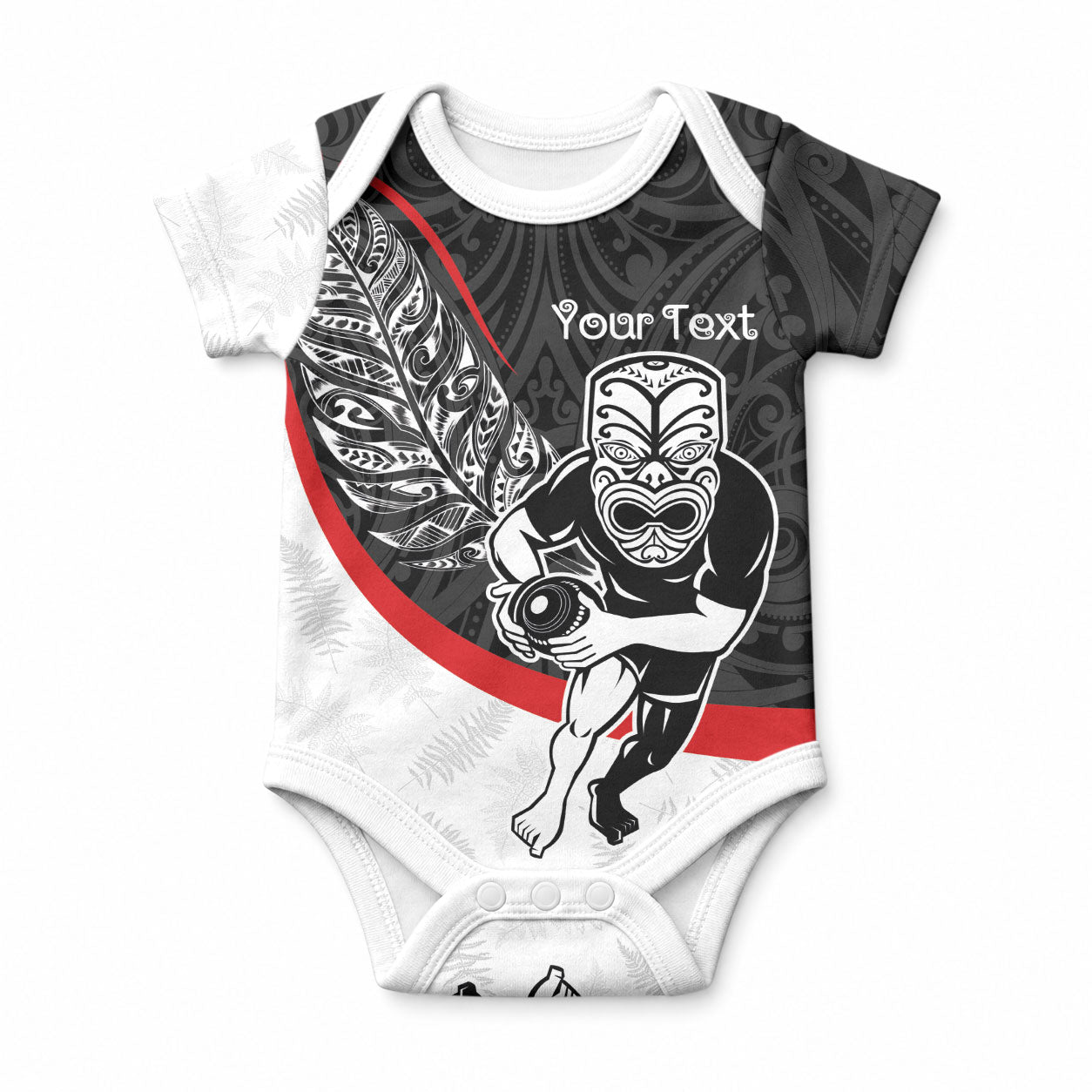 Personalised Aotearoa Lawn Bowls Baby Onesie Maori Warrior and Silver Fern Sporty Style LT03 Black - Polynesian Pride
