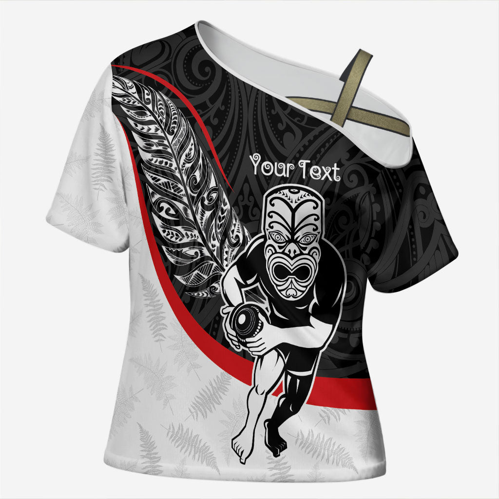 Personalised Aotearoa Lawn Bowls Cross Shoulder Shirt Maori Warrior and Silver Fern Sporty Style LT03 Female Black - Polynesian Pride