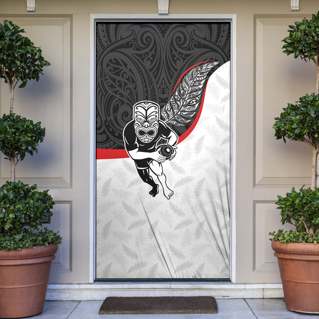 Aotearoa Lawn Bowls Door Cover Maori Warrior and Silver Fern Sporty Style LT03 Black - Polynesian Pride