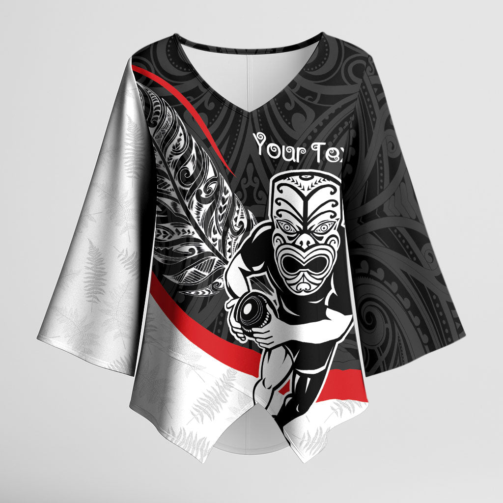 Personalised Aotearoa Lawn Bowls Kimono Sleeve Blouse Maori Warrior and Silver Fern Sporty Style LT03 Female Black - Polynesian Pride