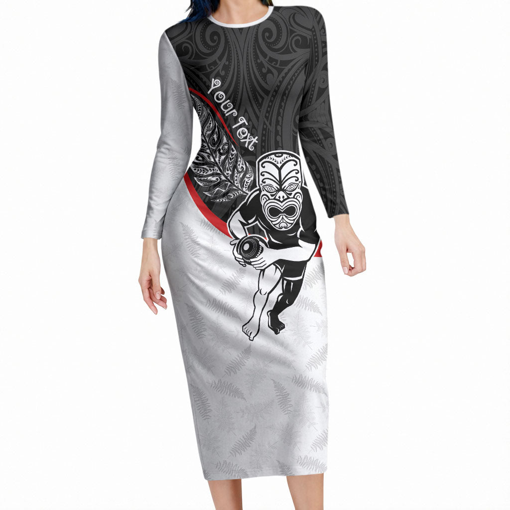 Personalised Aotearoa Lawn Bowls Long Sleeve Bodycon Dress Maori Warrior and Silver Fern Sporty Style LT03 Long Dress Black - Polynesian Pride