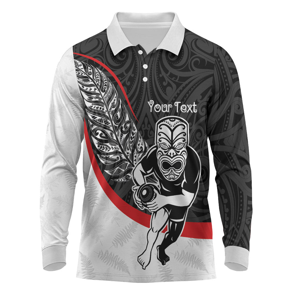 Personalised Aotearoa Lawn Bowls Long Sleeve Polo Shirt Maori Warrior and Silver Fern Sporty Style LT03 Black - Polynesian Pride