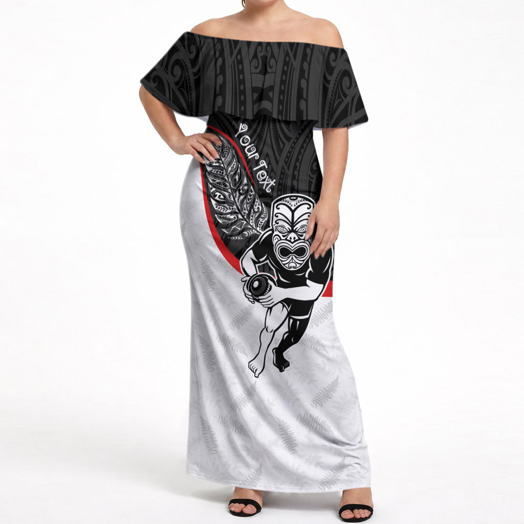 Personalised Aotearoa Lawn Bowls Off Shoulder Maxi Dress Maori Warrior and Silver Fern Sporty Style LT03 Women Black - Polynesian Pride