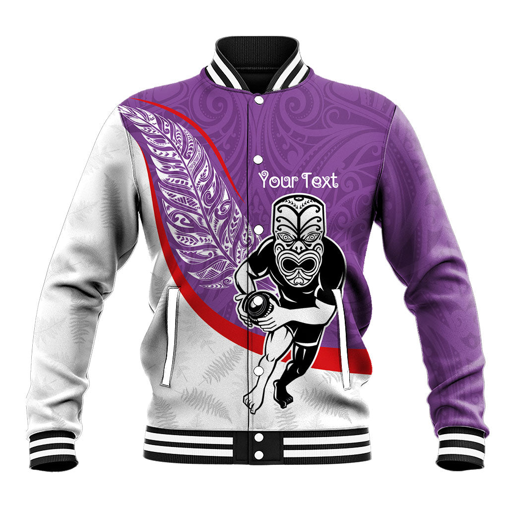 Personalised Aotearoa Lawn Bowls Baseball Jacket Maori Warrior and Silver Fern Sporty Style Purple LT03 Unisex Purple - Polynesian Pride