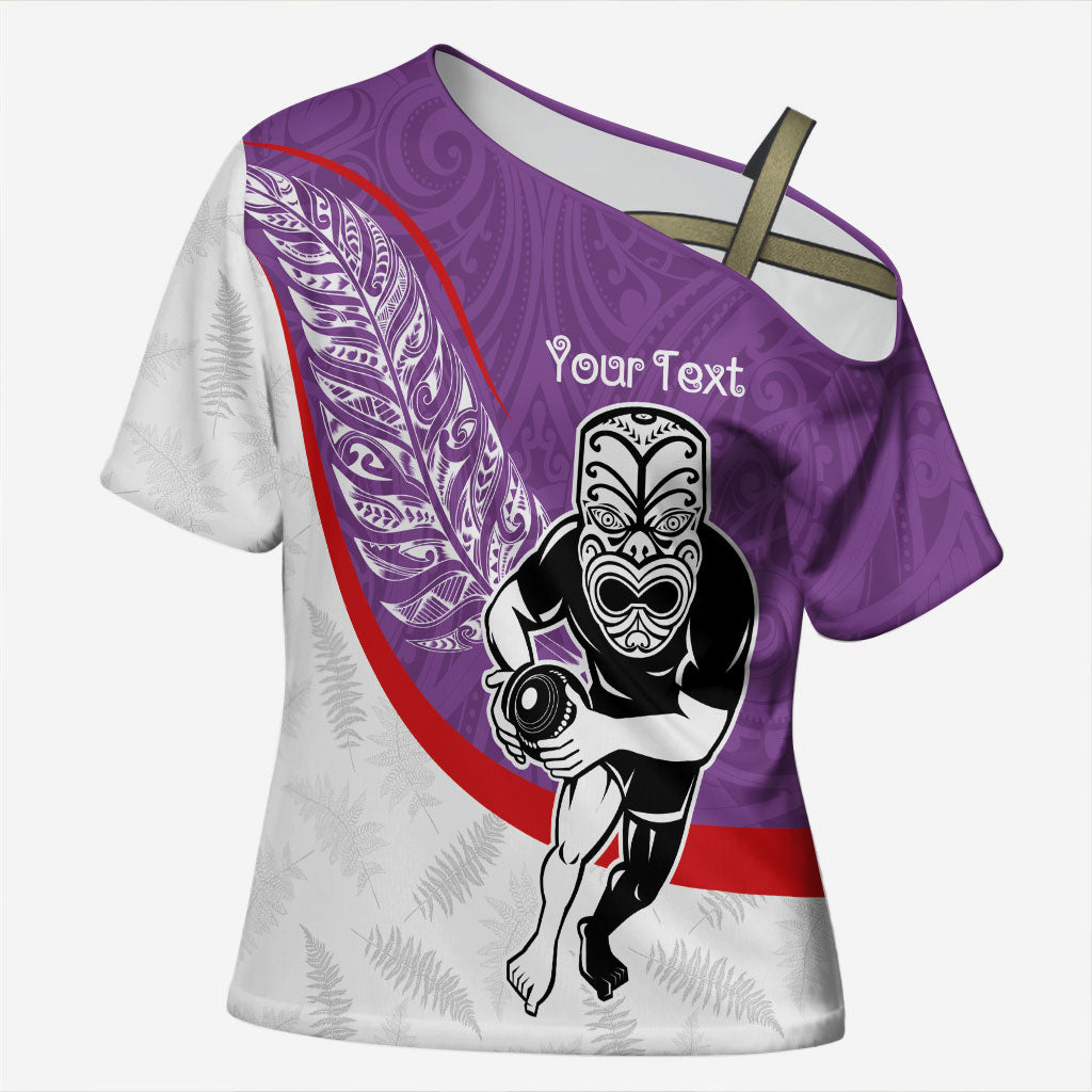 Personalised Aotearoa Lawn Bowls Cross Shoulder Shirt Maori Warrior and Silver Fern Sporty Style Purple LT03 Female Purple - Polynesian Pride