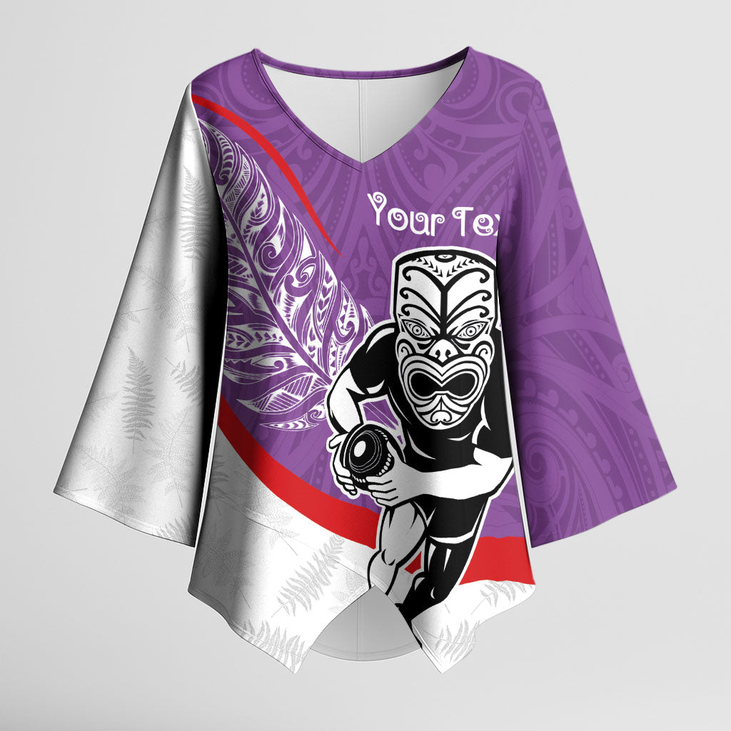 Personalised Aotearoa Lawn Bowls Kimono Sleeve Blouse Maori Warrior and Silver Fern Sporty Style Purple LT03 Female Purple - Polynesian Pride
