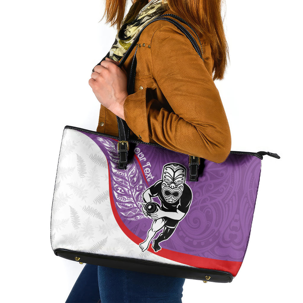 Personalised Aotearoa Lawn Bowls Leather Tote Bag Maori Warrior and Silver Fern Sporty Style Purple LT03 Purple - Polynesian Pride