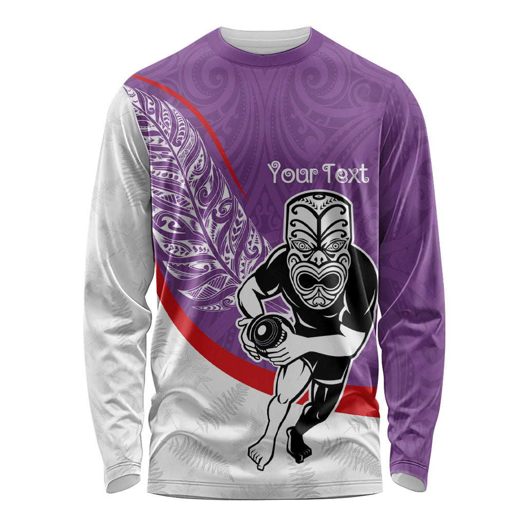 Personalised Aotearoa Lawn Bowls Long Sleeve Shirt Maori Warrior and Silver Fern Sporty Style Purple LT03 Unisex Purple - Polynesian Pride