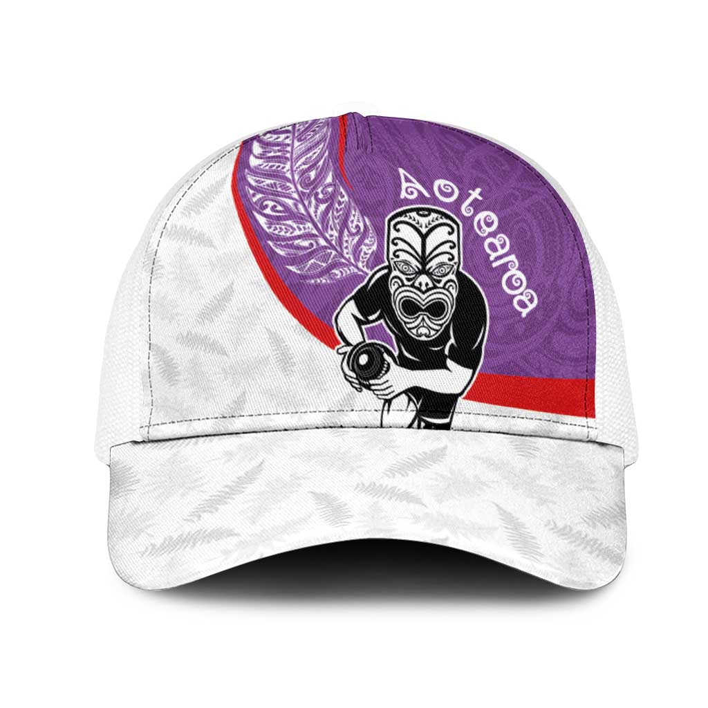 Aotearoa Lawn Bowls Mesh Trucker Cap Maori Warrior and Silver Fern Sporty Style Purple LT03 One Size White Purple - Polynesian Pride