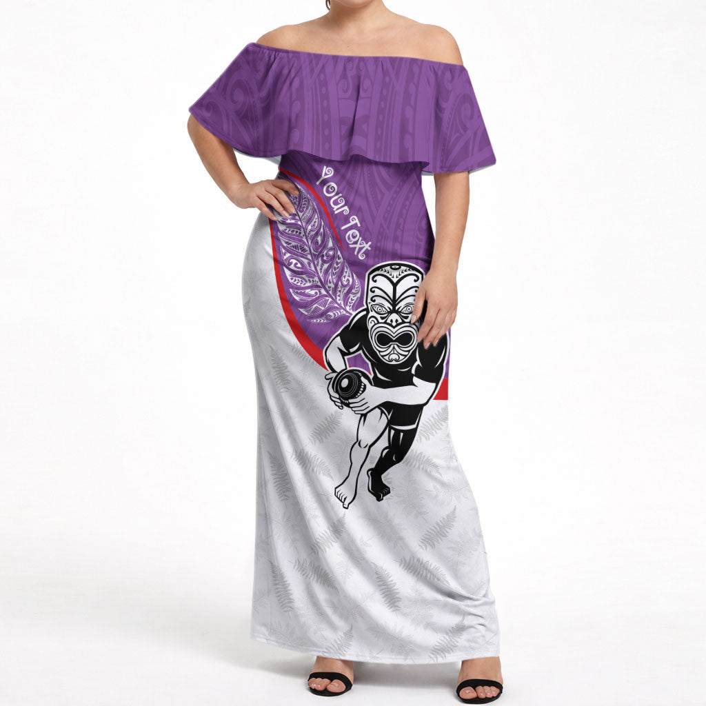 Personalised Aotearoa Lawn Bowls Off Shoulder Maxi Dress Maori Warrior and Silver Fern Sporty Style Purple LT03 Women Purple - Polynesian Pride