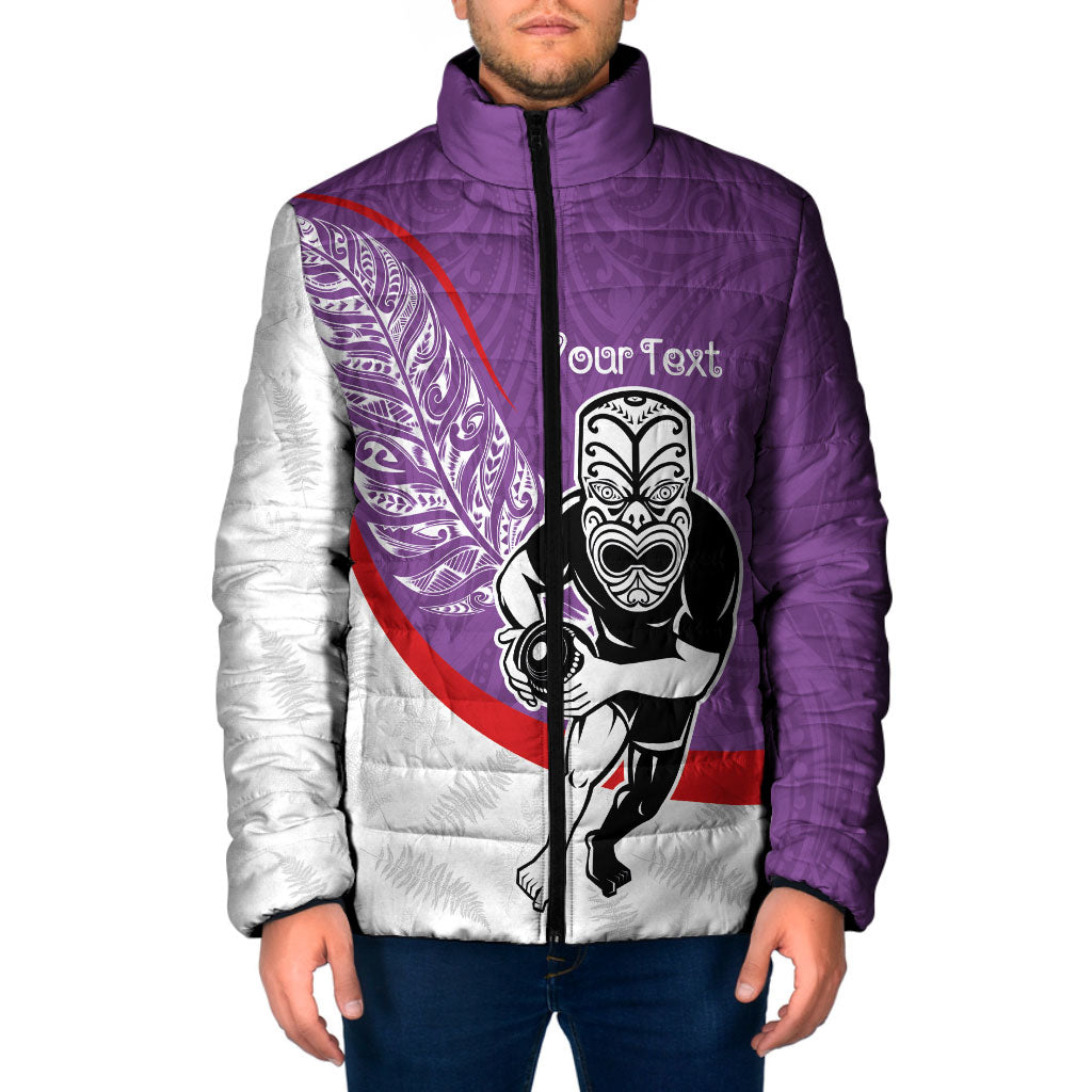 Personalised Aotearoa Lawn Bowls Padded Jacket Maori Warrior and Silver Fern Sporty Style Purple