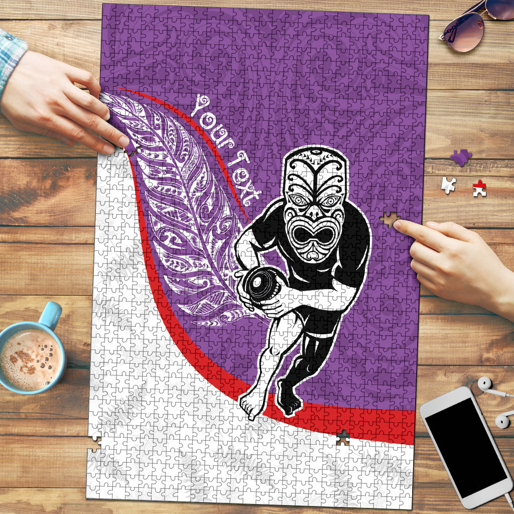 Personalised Aotearoa Lawn Bowls Puzzle Maori Warrior and Silver Fern Sporty Style Purple