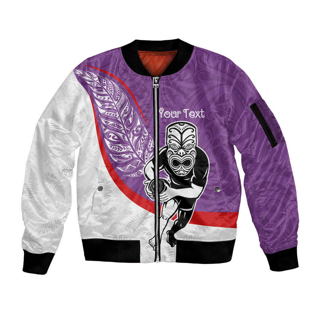 Personalised Aotearoa Lawn Bowls Sleeve Zip Bomber Jacket Maori Warrior and Silver Fern Sporty Style Purple LT03 Unisex Purple - Polynesian Pride