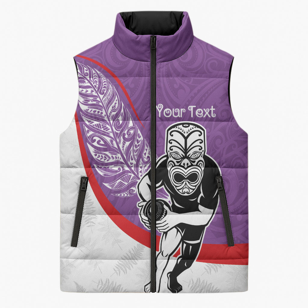 Personalised Aotearoa Lawn Bowls Sleeveless Puffer Jacket Maori Warrior and Silver Fern Sporty Style Purple LT03 Unisex Purple - Polynesian Pride
