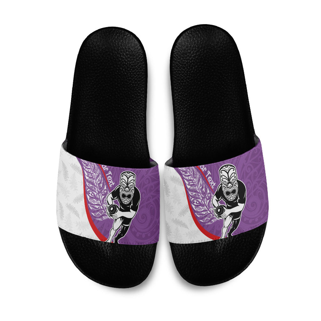 Personalised Aotearoa Lawn Bowls Slide Sandals Maori Warrior and Silver Fern Sporty Style Purple LT03 Purple - Polynesian Pride