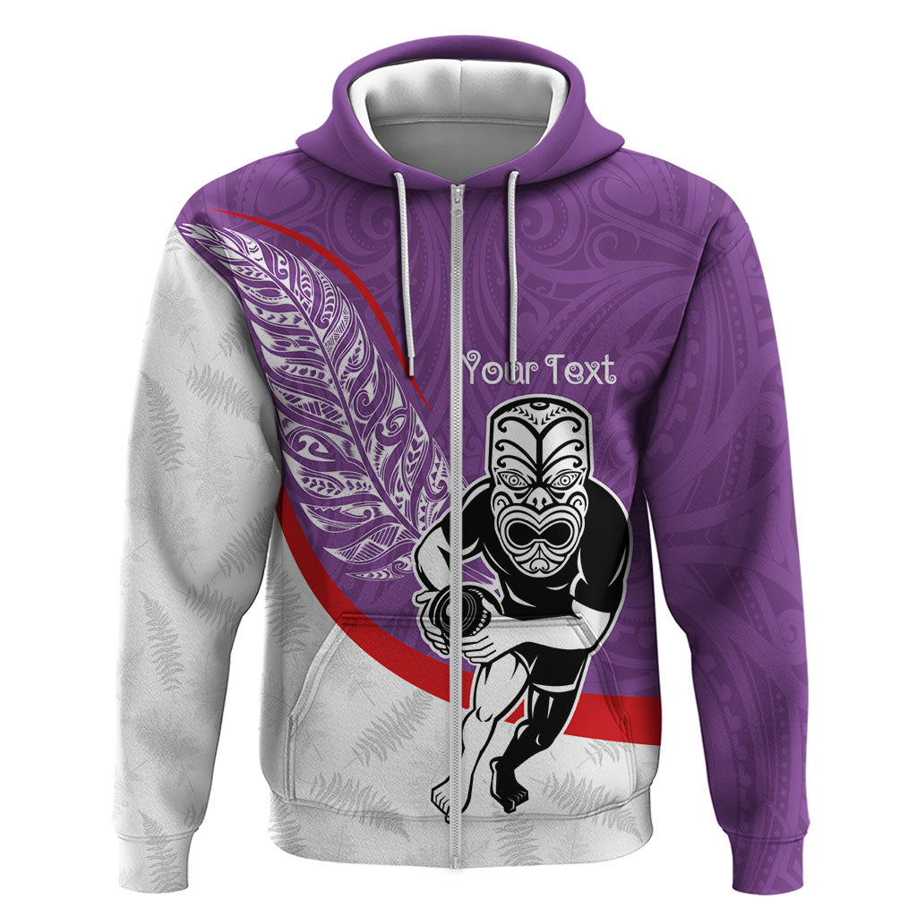 Personalised Aotearoa Lawn Bowls Zip Hoodie Maori Warrior and Silver Fern Sporty Style Purple LT03 Zip Hoodie Purple - Polynesian Pride