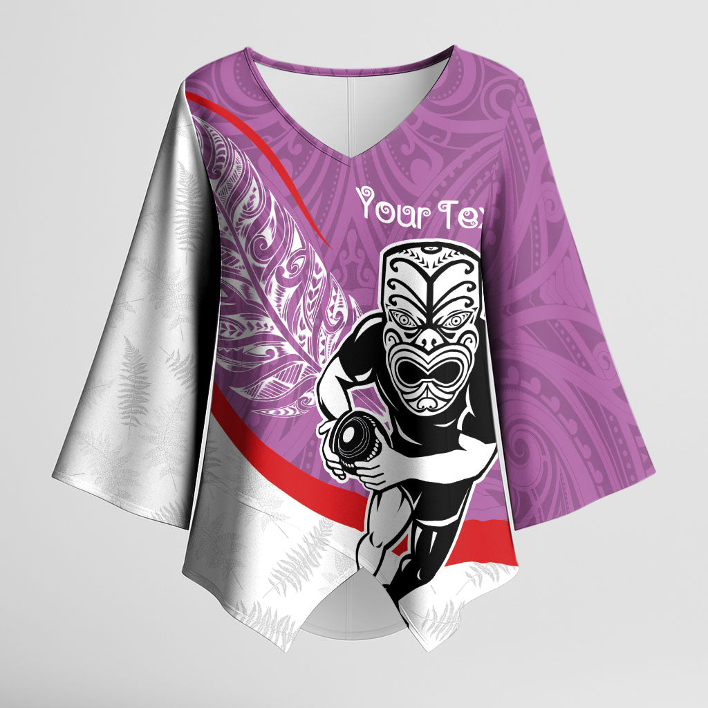 Personalised Aotearoa Lawn Bowls Kimono Sleeve Blouse Maori Warrior and Silver Fern Sporty Style Pink LT03 Female Pink - Polynesian Pride