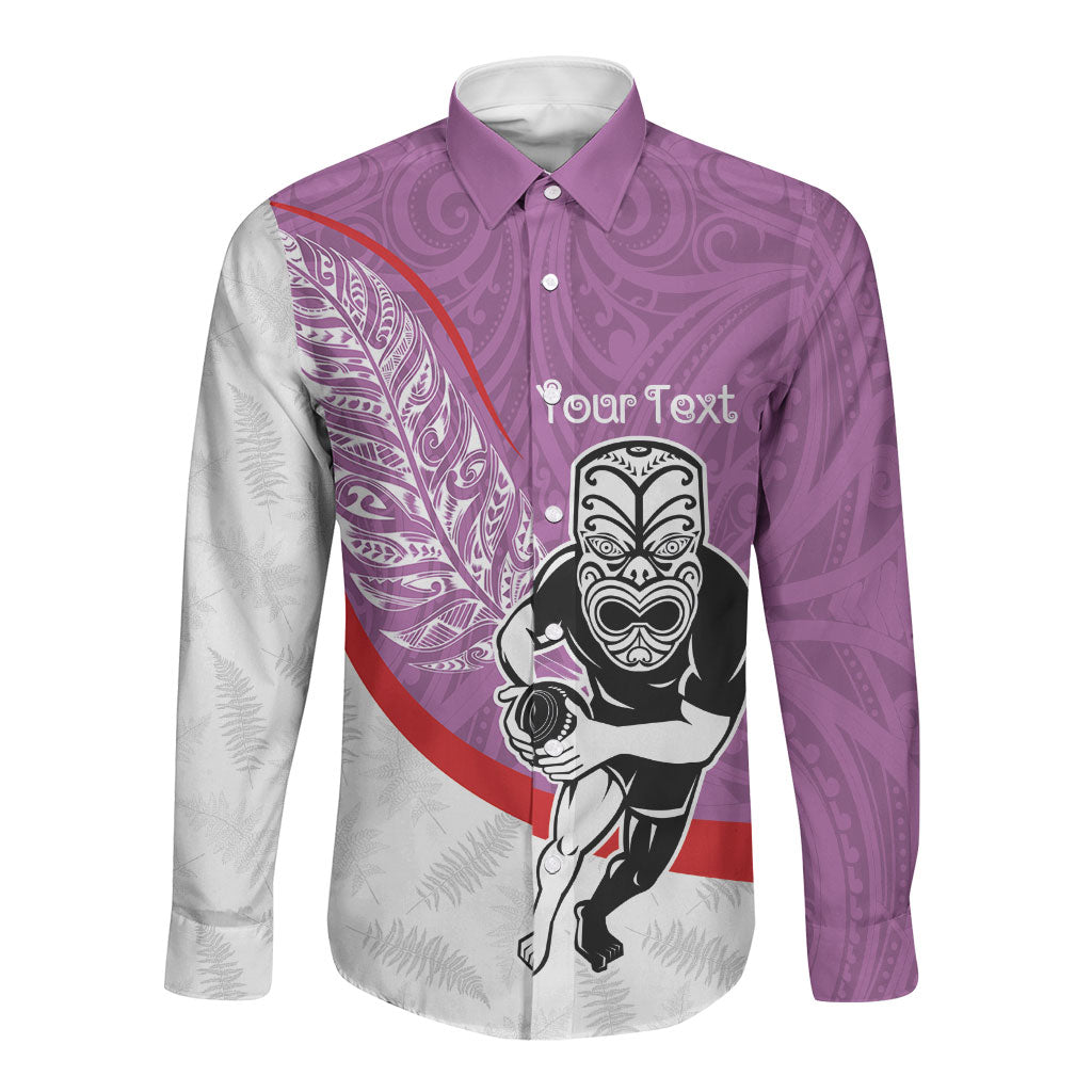 Personalised Aotearoa Lawn Bowls Long Sleeve Button Shirt Maori Warrior and Silver Fern Sporty Style Pink LT03 Unisex Pink - Polynesian Pride