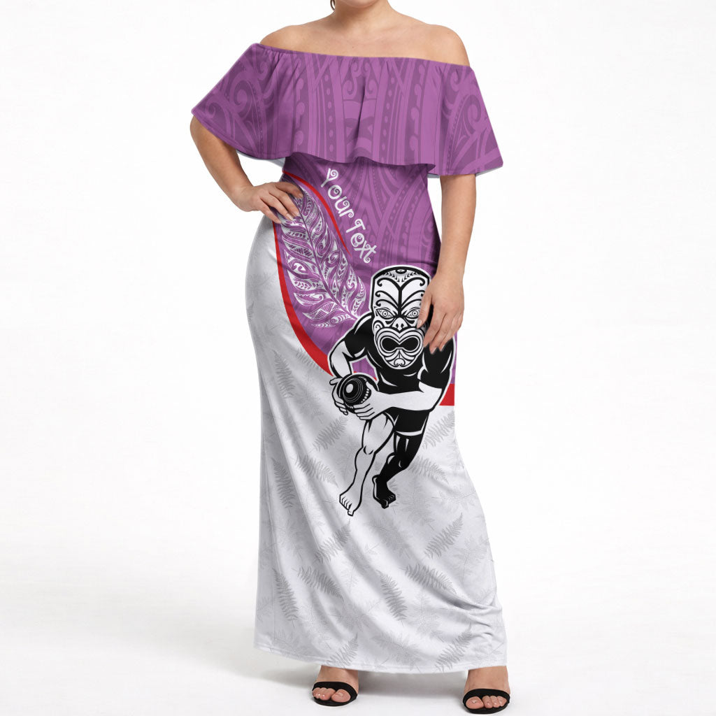 Personalised Aotearoa Lawn Bowls Off Shoulder Maxi Dress Maori Warrior and Silver Fern Sporty Style Pink LT03 Women Pink - Polynesian Pride