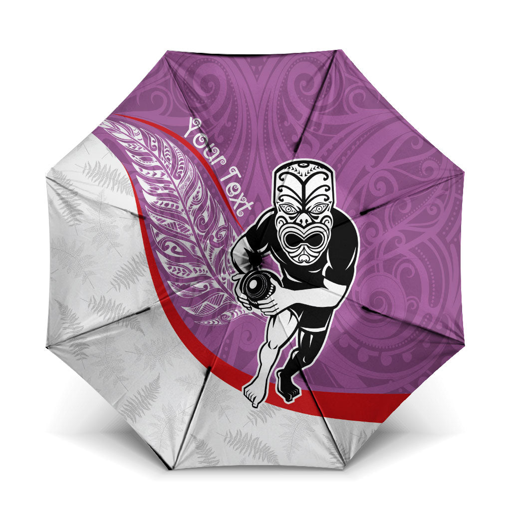 Personalised Aotearoa Lawn Bowls Umbrella Maori Warrior and Silver Fern Sporty Style Pink LT03 One Size Folded 11.42 inch Opened Diameter 37.4 inch Pink - Polynesian Pride