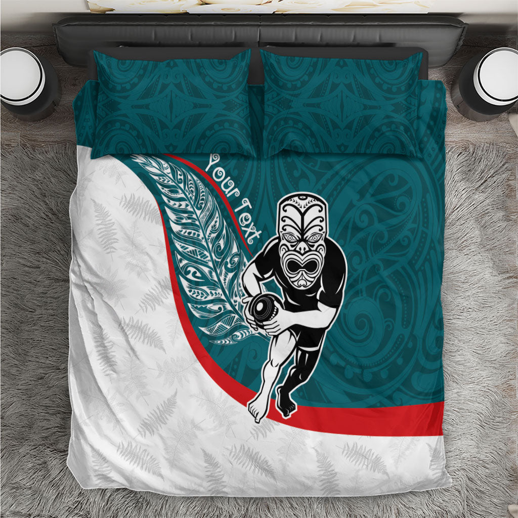 Personalised Aotearoa Lawn Bowls Bedding Set Maori Warrior and Silver Fern Sporty Style Teal