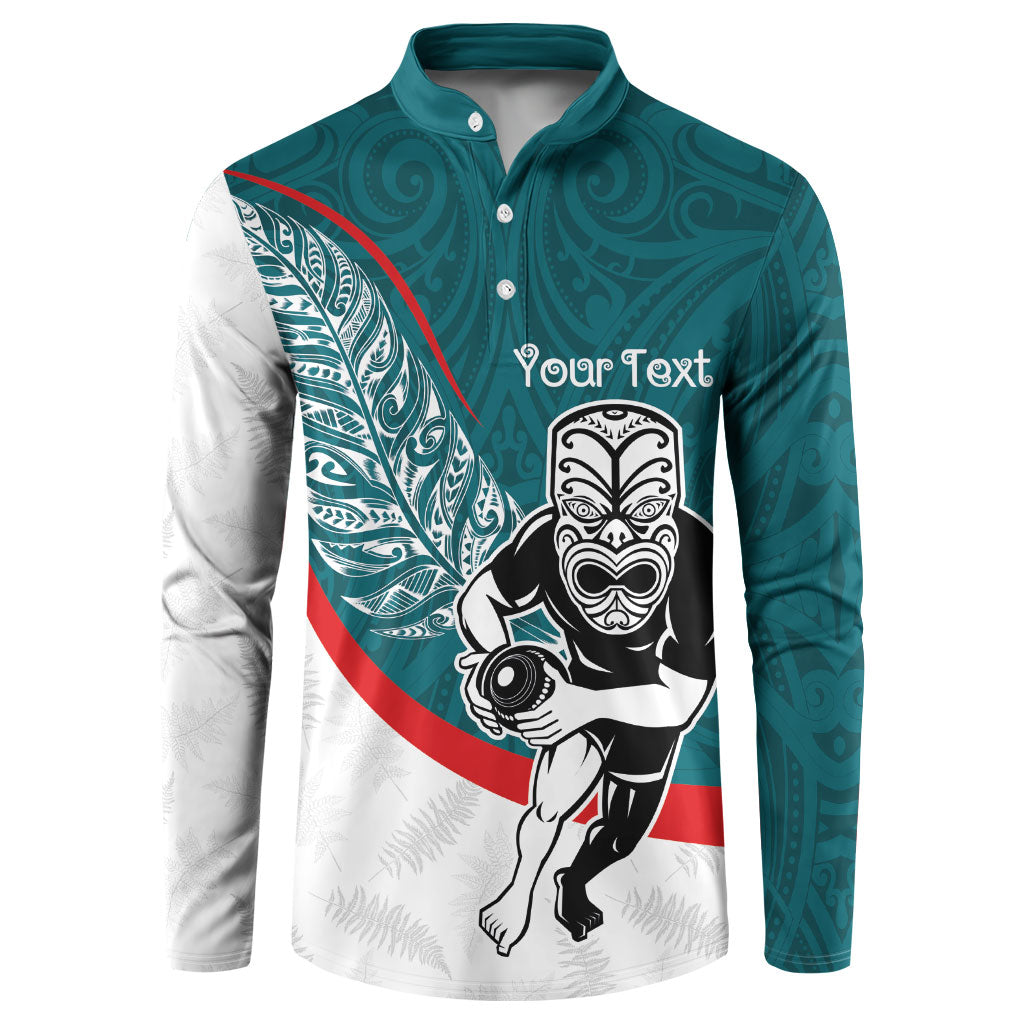 Personalised Aotearoa Lawn Bowls Button Sweatshirt Maori Warrior and Silver Fern Sporty Style Teal
