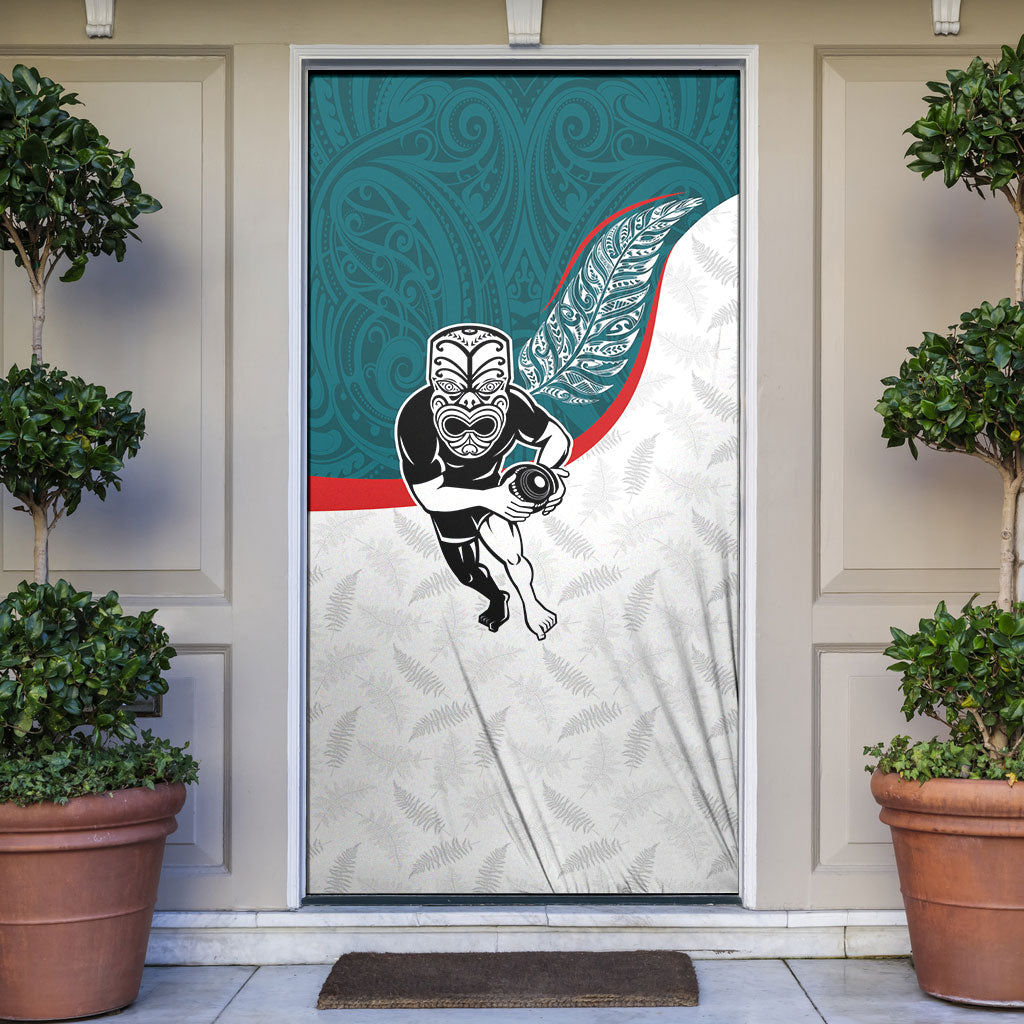 Aotearoa Lawn Bowls Door Cover Maori Warrior and Silver Fern Sporty Style Teal LT03 Teal - Polynesian Pride