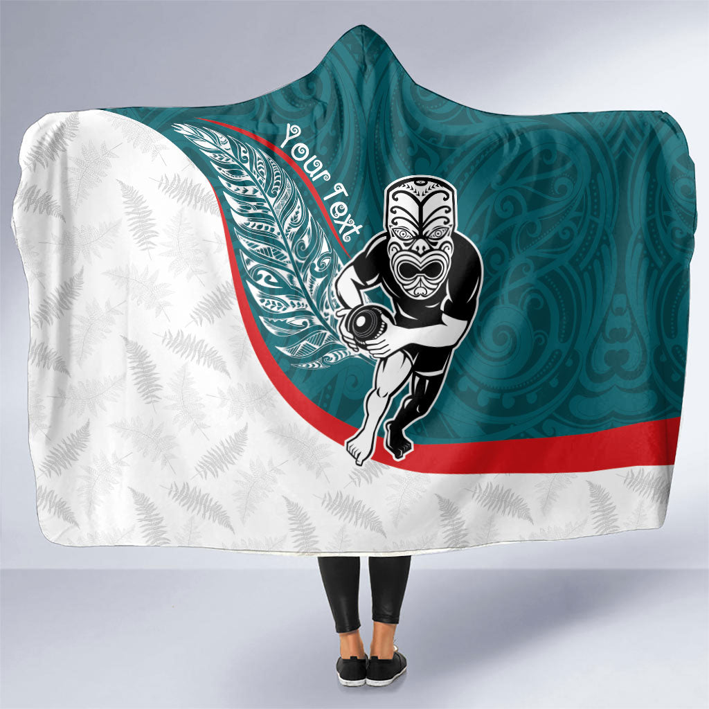 Personalised Aotearoa Lawn Bowls Hooded Blanket Maori Warrior and Silver Fern Sporty Style Teal