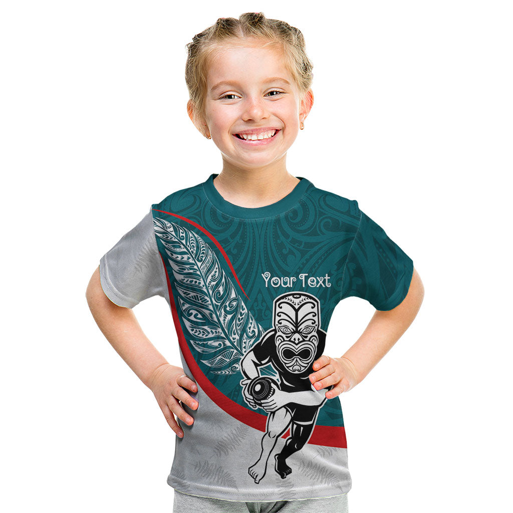 Personalised Aotearoa Lawn Bowls Kid T Shirt Maori Warrior and Silver Fern Sporty Style Teal